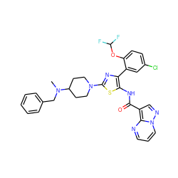 CN(Cc1ccccc1)C1CCN(c2nc(-c3cc(Cl)ccc3OC(F)F)c(NC(=O)c3cnn4cccnc34)s2)CC1 ZINC001772580055