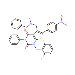 CN(Cc1ccccc1)Cc1c(-c2ccc([N+](=O)[O-])cc2)sc2c1c(=O)n(-c1ccccc1)c(=O)n2Cc1c(F)cccc1F ZINC000027110029