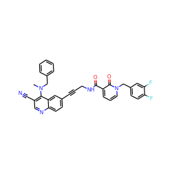 CN(Cc1ccccc1)c1c(C#N)cnc2ccc(C#CCNC(=O)c3cccn(Cc4ccc(F)c(F)c4)c3=O)cc12 ZINC000096176352