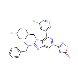 CN(Cc1ccccc1)c1nc2cc(-c3noc(=O)[nH]3)nc(-c3cncc(Cl)c3)c2n1C[C@H]1CC[C@H](C)CC1 ZINC000261147850