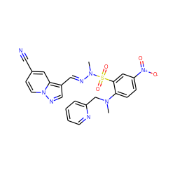 CN(Cc1ccccn1)c1ccc([N+](=O)[O-])cc1S(=O)(=O)N(C)/N=C/c1cnn2ccc(C#N)cc12 ZINC001772571221