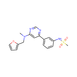 CN(Cc1ccco1)c1cc(-c2cccc(NS(C)(=O)=O)c2)ncn1 ZINC000004239264