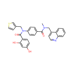 CN(Cc1ccnc2ccccc12)C(=O)c1ccc(N(Cc2ccsc2)C(=O)c2ccc(O)cc2O)cc1 ZINC000653668919