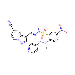 CN(Cc1ccncc1)c1ccc([N+](=O)[O-])cc1S(=O)(=O)N(C)/N=C/c1cnn2ccc(C#N)cc12 ZINC001772580080