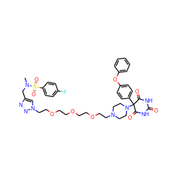 CN(Cc1cn(CCOCCOCCOCCN2CCN(C3(c4ccc(Oc5ccccc5)cc4)C(=O)NC(=O)NC3=O)CC2)nn1)S(=O)(=O)c1ccc(F)cc1 ZINC000095548839