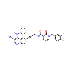 CN(c1c(C#N)cnc2ccc(C#CCNC(=O)c3cccn(Cc4ccc(F)c(F)c4)c3=O)cc12)C1CCCCC1 ZINC000096176349