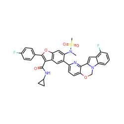 CN(c1cc2oc(-c3ccc(F)cc3)c(C(=O)NC3CC3)c2cc1-c1ccc2c(n1)-c1cc3c(F)cccc3n1CO2)S(C)(=O)=O ZINC000218306633