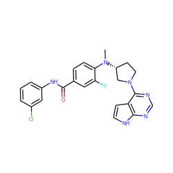 CN(c1ccc(C(=O)Nc2cccc(Cl)c2)cc1F)[C@@H]1CCN(c2ncnc3[nH]ccc23)C1 ZINC000149044735