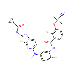 CN(c1ccc(F)c(NC(=O)c2cccc(OC(C)(C)C#N)c2Cl)c1)c1ccc2nc(NC(=O)C3CC3)sc2n1 ZINC000059083698