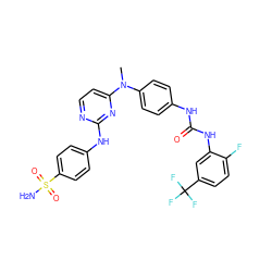 CN(c1ccc(NC(=O)Nc2cc(C(F)(F)F)ccc2F)cc1)c1ccnc(Nc2ccc(S(N)(=O)=O)cc2)n1 ZINC000014945141