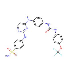 CN(c1ccc(NC(=O)Nc2ccc(OC(F)(F)F)cc2)cc1)c1ccnc(Nc2ccc(S(N)(=O)=O)cc2)n1 ZINC000003925094