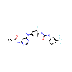 CN(c1ccc(NC(=O)Nc2cccc(C(F)(F)F)c2)c(F)c1)c1cc(NC(=O)C2CC2)ncn1 ZINC001772656978