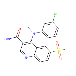 CN(c1cccc(Cl)c1)c1c(C(N)=O)cnc2ccc(S(C)(=O)=O)cc12 ZINC000040914703