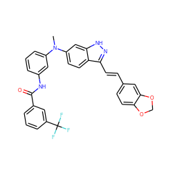 CN(c1cccc(NC(=O)c2cccc(C(F)(F)F)c2)c1)c1ccc2c(/C=C/c3ccc4c(c3)OCO4)n[nH]c2c1 ZINC000167269536