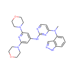 CN(c1ccnc(Nc2cc(N3CCOCC3)nc(N3CCOCC3)c2)n1)c1cccc2[nH]ncc12 ZINC000064504101