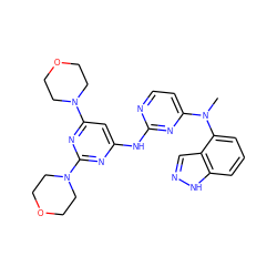 CN(c1ccnc(Nc2cc(N3CCOCC3)nc(N3CCOCC3)n2)n1)c1cccc2[nH]ncc12 ZINC000064528207