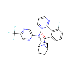 CN(c1cnc(C(F)(F)F)cn1)[C@@H]1C[C@H]2CC[C@H]1N2C(=O)c1cccc(F)c1-c1ncccn1 ZINC000473179390