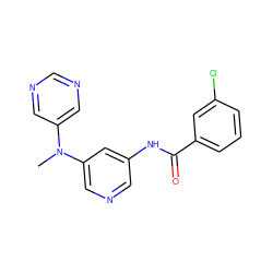 CN(c1cncnc1)c1cncc(NC(=O)c2cccc(Cl)c2)c1 ZINC000096175684