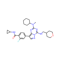 CN(c1nc(NCC2CCOCC2)n2ncc(-c3ccc(C(=O)NC4CC4)c(F)c3)c2n1)C1CCCCC1 ZINC000221953357