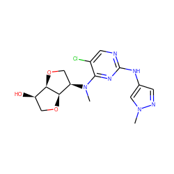 CN(c1nc(Nc2cnn(C)c2)ncc1Cl)[C@@H]1CO[C@@H]2[C@H](O)CO[C@@H]21 ZINC001772600592