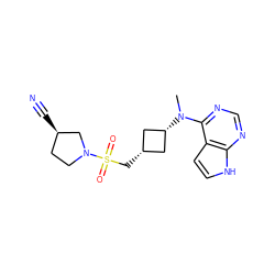 CN(c1ncnc2[nH]ccc12)[C@H]1C[C@@H](CS(=O)(=O)N2CC[C@@H](C#N)C2)C1 ZINC000261184045