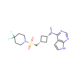 CN(c1ncnc2[nH]ccc12)[C@H]1C[C@@H](CS(=O)(=O)N2CCC(F)(F)CC2)C1 ZINC000261130152