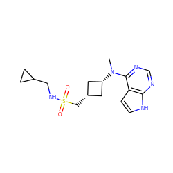 CN(c1ncnc2[nH]ccc12)[C@H]1C[C@@H](CS(=O)(=O)NCC2CC2)C1 ZINC001772647230