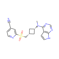 CN(c1ncnc2[nH]ccc12)[C@H]1C[C@@H](CS(=O)(=O)c2cc(C#N)ccn2)C1 ZINC000261115757