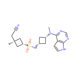 CN(c1ncnc2[nH]ccc12)[C@H]1C[C@@H](NS(=O)(=O)[C@H]2C[C@](C)(CC#N)C2)C1 ZINC000261116324