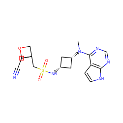 CN(c1ncnc2[nH]ccc12)[C@H]1C[C@@H](NS(=O)(=O)CC2(CC#N)COC2)C1 ZINC000261159936