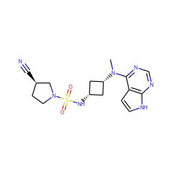 CN(c1ncnc2[nH]ccc12)[C@H]1C[C@@H](NS(=O)(=O)N2CC[C@@H](C#N)C2)C1 ZINC000261176403