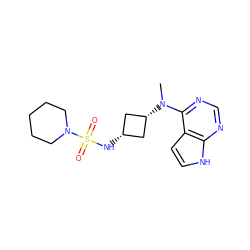 CN(c1ncnc2[nH]ccc12)[C@H]1C[C@@H](NS(=O)(=O)N2CCCCC2)C1 ZINC001772600218