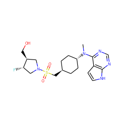 CN(c1ncnc2[nH]ccc12)[C@H]1CC[C@H](CS(=O)(=O)N2C[C@H](F)[C@@H](CO)C2)CC1 ZINC000261184042