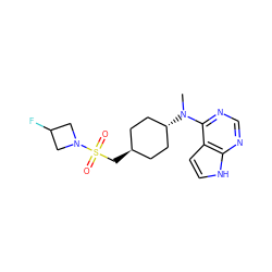 CN(c1ncnc2[nH]ccc12)[C@H]1CC[C@H](CS(=O)(=O)N2CC(F)C2)CC1 ZINC000261178706