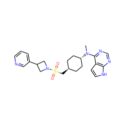 CN(c1ncnc2[nH]ccc12)[C@H]1CC[C@H](CS(=O)(=O)N2CC(c3cccnc3)C2)CC1 ZINC000261183560