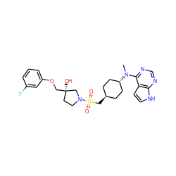 CN(c1ncnc2[nH]ccc12)[C@H]1CC[C@H](CS(=O)(=O)N2CC[C@@](O)(COc3cccc(F)c3)C2)CC1 ZINC000261099293