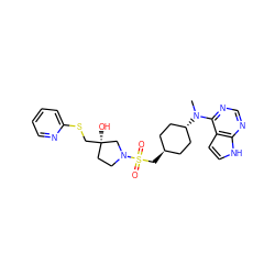 CN(c1ncnc2[nH]ccc12)[C@H]1CC[C@H](CS(=O)(=O)N2CC[C@@](O)(CSc3ccccn3)C2)CC1 ZINC000261139958