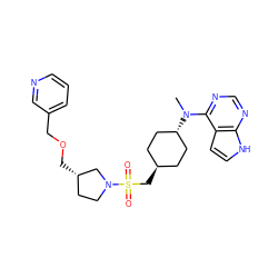 CN(c1ncnc2[nH]ccc12)[C@H]1CC[C@H](CS(=O)(=O)N2CC[C@H](COCc3cccnc3)C2)CC1 ZINC000261159244