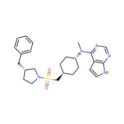 CN(c1ncnc2[nH]ccc12)[C@H]1CC[C@H](CS(=O)(=O)N2CC[C@H](Cc3ccccc3)C2)CC1 ZINC000261085381