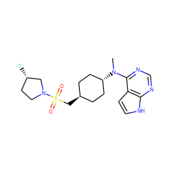 CN(c1ncnc2[nH]ccc12)[C@H]1CC[C@H](CS(=O)(=O)N2CC[C@H](F)C2)CC1 ZINC000261141642