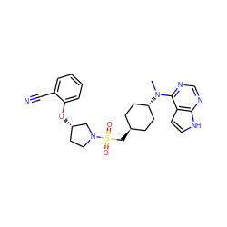 CN(c1ncnc2[nH]ccc12)[C@H]1CC[C@H](CS(=O)(=O)N2CC[C@H](Oc3ccccc3C#N)C2)CC1 ZINC000261165839