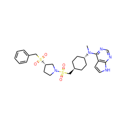 CN(c1ncnc2[nH]ccc12)[C@H]1CC[C@H](CS(=O)(=O)N2CC[C@H](S(=O)(=O)Cc3ccccc3)C2)CC1 ZINC000261181954