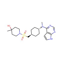 CN(c1ncnc2[nH]ccc12)[C@H]1CC[C@H](CS(=O)(=O)N2CCC(C)(O)CC2)CC1 ZINC000261096606