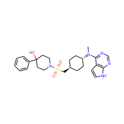 CN(c1ncnc2[nH]ccc12)[C@H]1CC[C@H](CS(=O)(=O)N2CCC(O)(c3ccccc3)CC2)CC1 ZINC000261185748