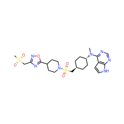 CN(c1ncnc2[nH]ccc12)[C@H]1CC[C@H](CS(=O)(=O)N2CCC(c3nc(CS(C)(=O)=O)no3)CC2)CC1 ZINC000261143892