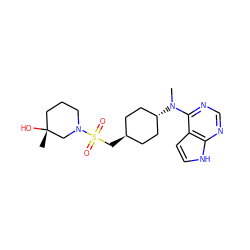 CN(c1ncnc2[nH]ccc12)[C@H]1CC[C@H](CS(=O)(=O)N2CCC[C@@](C)(O)C2)CC1 ZINC000261150069