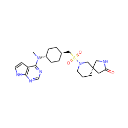 CN(c1ncnc2[nH]ccc12)[C@H]1CC[C@H](CS(=O)(=O)N2CCC[C@@]3(CNC(=O)C3)C2)CC1 ZINC000261189547