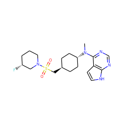 CN(c1ncnc2[nH]ccc12)[C@H]1CC[C@H](CS(=O)(=O)N2CCC[C@@H](F)C2)CC1 ZINC000261175788