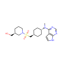 CN(c1ncnc2[nH]ccc12)[C@H]1CC[C@H](CS(=O)(=O)N2CCC[C@H](CO)C2)CC1 ZINC000261121979