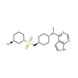 CN(c1ncnc2[nH]ccc12)[C@H]1CC[C@H](CS(=O)(=O)N2CCC[C@H](O)C2)CC1 ZINC000261089428